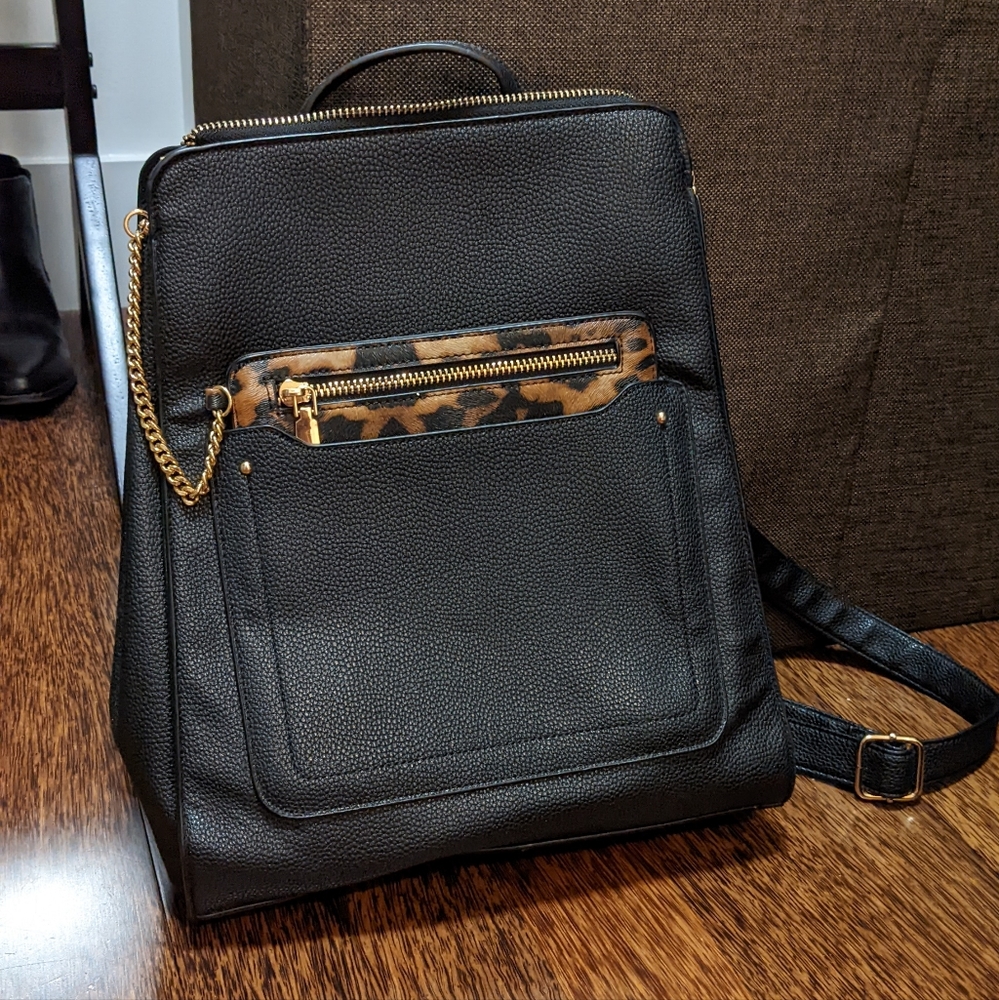 Black faux leather backpack